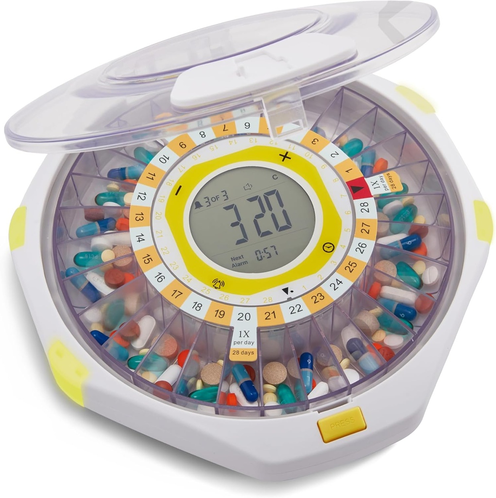 Distributeur automatique de pilules LiveFine Bluetooth, 28 jours de capacité, alertes sonores et lumineuses, serrure à clés, LCD et installation facile sur l'application LiveFine pour les prescriptions, médicaments, vitamines et suppléments - Lis transparent