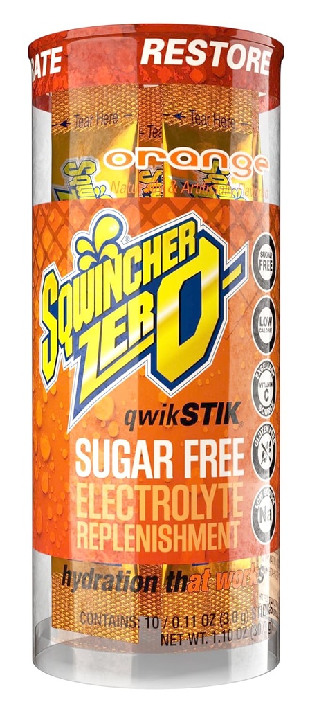 Sqwincher Zero Qwik Stik, orange, sans sucre, faible teneur en calories, mélange de poudre d'électrolyte de sodium faible, .11 oz Packet (paquet de 200)