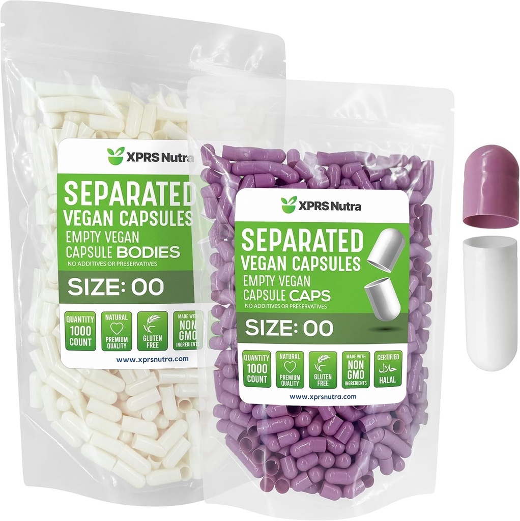 XPRS Nutra Vegan Taille 00 Capsules séparées - 1000 Compte Capsules vides Premium Séparées dans des sacs - 00 Pills vides pour le remplissage de supplément de bricolage (Lavande/Blanc)