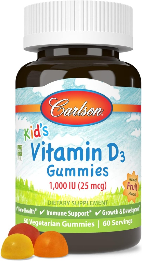 Carlson - Gommies de vitamine D3 pour les enfants, 1000 UI (25 mcg), Santé des os et de l'immunité Soutien, croissance et développement, Gommies de vitamine D, Vitamines de Gummy D3, Saveurs naturelles de fruits, 60 Gommies végétariennes