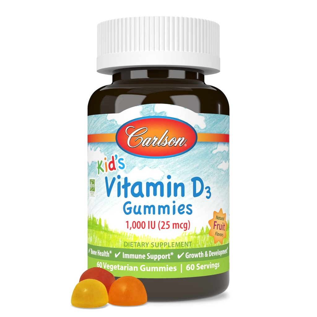 Carlson - Kid's Vitamin D3 Gummies, 1000 IU (25 mcg), Bone Health & Immune Support, Growth & Development, Vitamin D Gummies, D3 Gummy Vitamins, Natural Fruit Flavors, 60 Vegetarian Gummies