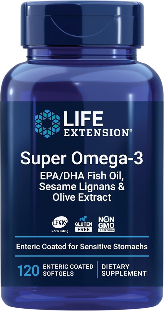 Extension de vie Super Omega-3 EPA/DHA Huile de poisson, sésame Lignans et extrait d'olive – Santé du coeur, Santé du cerveau, Inflammation Soutien de la santé, sans gluten, entériques, non OGM, 120 Softgels