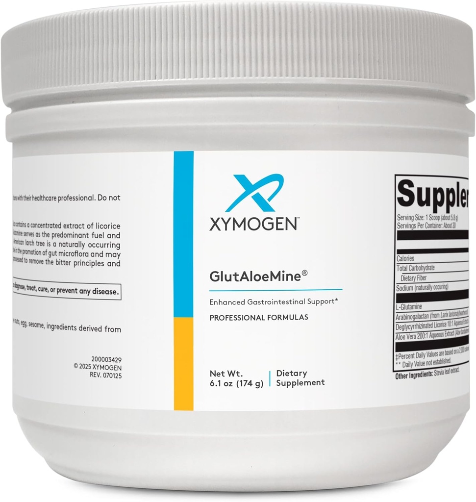 XYMOGEN GlutAloeMine Poudre - Soutient la santé Gut - 3000 mg L Poudre de glutamine avec la réglisse déglycyrhizée DGL, Extrait d'Aloe Vera, Arabinogalactan pour la santé GI (6,1 oz)