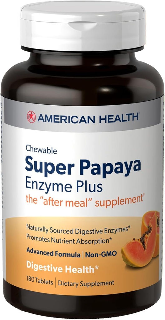 American Health Super Papaya Enzyme Plus - 180 comprimés à croquer - Le supplément après-repas - Non-OGM - 60 portions