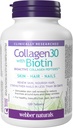 Webber Naturals Collagen30 avec biotine, 2 500 mg de peptides de collagène bioactif avec 5 000 mcg de biotine par portion, 120 comprimés, pour l'élevage avancé de la peau, des cheveux et des ongles, sans lait et sans gluten