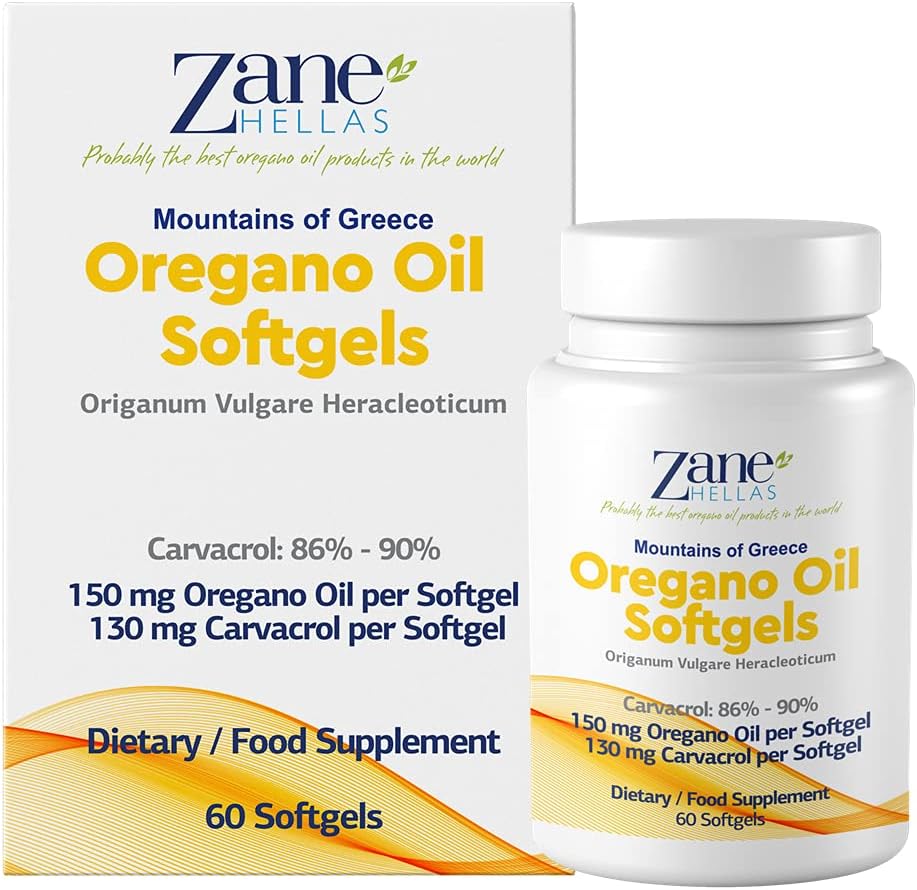 130 mg Carvacrol - 150 mg Origan Oil par Softgel. Meilleure concentration mondiale Origan Oil Capsule. Huile d'Origan Zane Hellas. Softgel contient 30% huile essentielle grecque d'Origan. 120 Softgels.