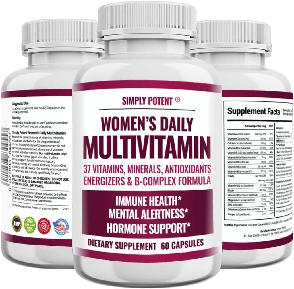 Multivitamin for Women, 37 Multi Vitamins with Minerals, Vitamins A C D E, Biotin, B12, Folate, Zinc, Magnesium, Calcium, Green Tea for Hair, Skin, Nails, Energy, Immune & Hormone Support, 60 Capsules