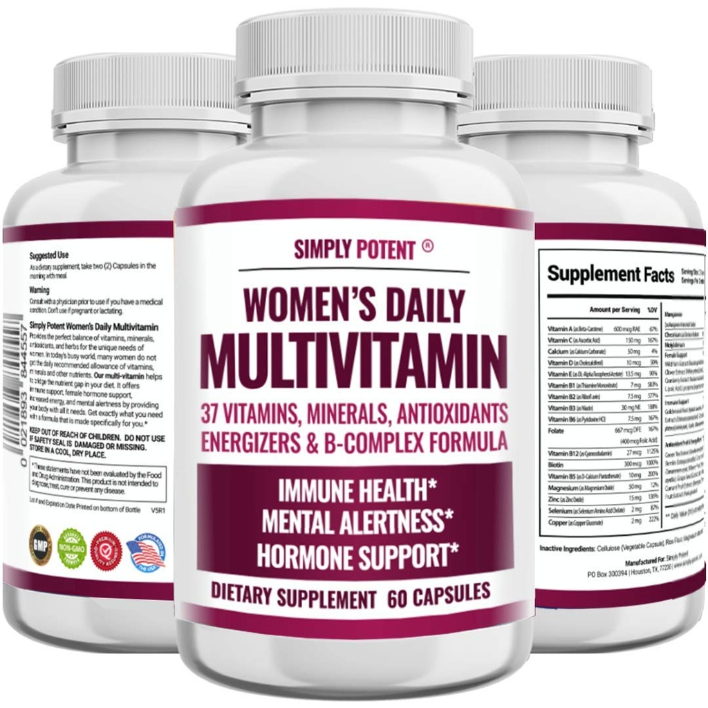 Multivitamines pour femmes, 37 Multivitamines avec minéraux, Vitamines A C D E, Biotine, B12, Folate, Zinc, Magnésium, Calcium, Thé vert pour les cheveux, la peau, les ongles, l'énergie, le soutien immunitaire et hormonal, 60 Capsules