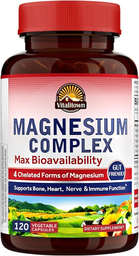 Supplément complexe de magnésium Vitalitown 500mg - Glycinat de magnésium certifié NSF, malate, taurate et citrate - Absorption élevée et douce chélatée sur l'estomac - Végétalienne non-OGM 120 Capsules