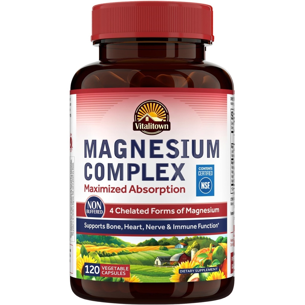Supplément complexe de magnésium Vitalitown 500mg - Glycinat de magnésium certifié NSF, malate, taurate et citrate - Absorption élevée et douce chélatée sur l'estomac - Végétalienne non-OGM 120 Capsules