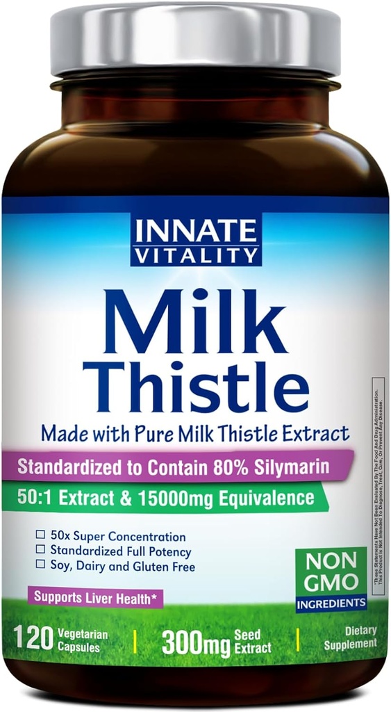 Innate Vitality 50:1 Organic Milk Thistle Supplement, 15000mg Equivalent (300mg Extract), 80% Silymarin Flavonoids, Liver Health, Detox & Cleansing, Made in USA, Non-GMO, 120 Veggie Capsules