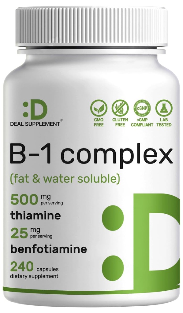 DEAL SUPPLEMENT Vitamin B1 500mg with Benfotiamine, 240 Capsules – 2 in 1 Enhanced Formula – Fat & Water Soluble Thiamine B1 Supplement – Third Party Tested, Non-GMO, No Gluten