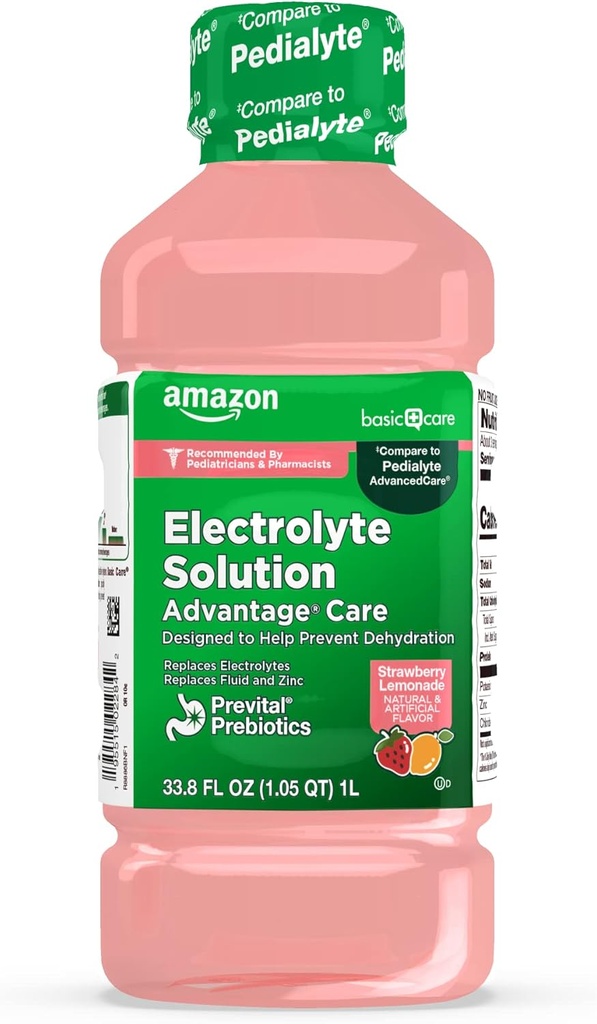 Soins de base Avantage Soin Electrolyte Solution avec Prébiotiques Prévitaux, Cimonade de Fraise, Boissons d'hydratation, Réapprovisionner Electrolytes, Fluide et Zinc, 33,8 fl oz (paquet de 1)