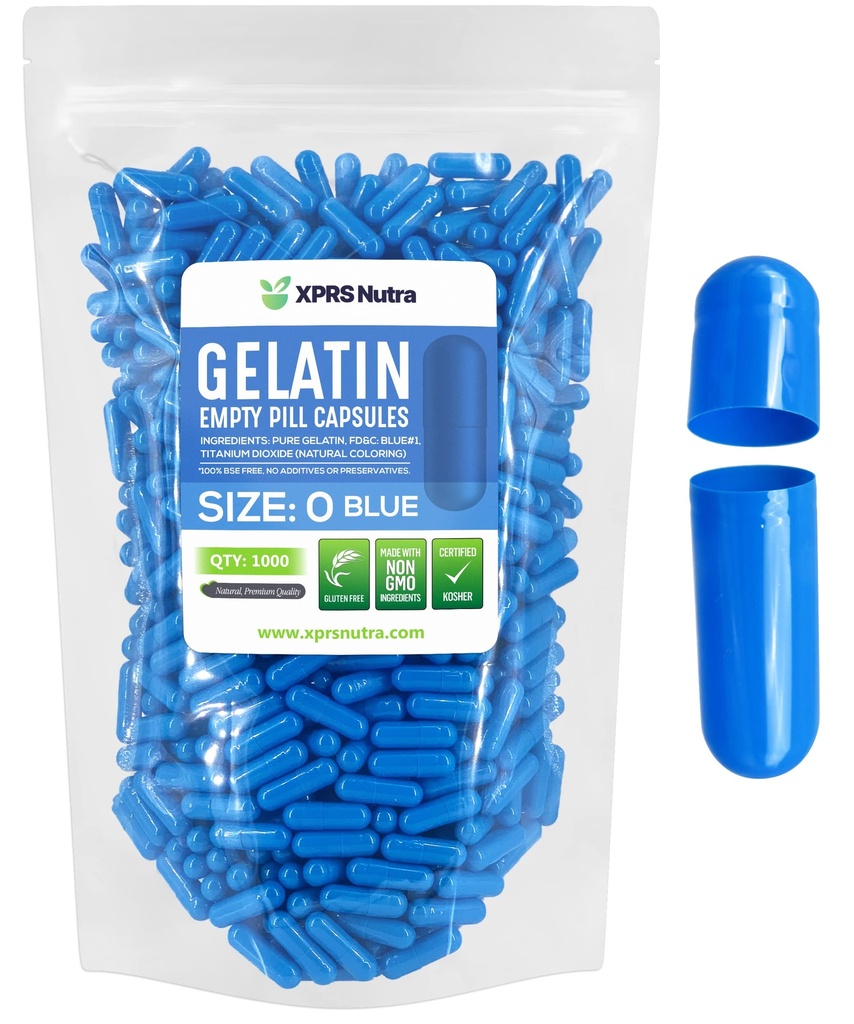 XPRS Nutra Size 0 Empty Capsules - Empty Gelatin Capsules - 1000 Count DIY Capsule Filling - Pure Bovine Pill Gel Caps for Do-It-Yourself Supplements (Blue)