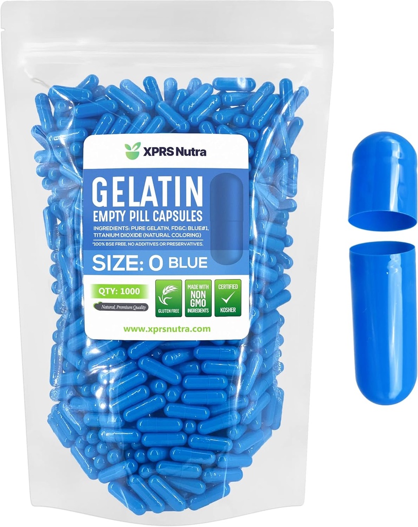 XPRS Nutra Taille 0 Capsules vides - Capsules de gélatine vides - Remplissage de 1000 comprimés de bricolage - Capsules de gel de pilule de viande bovine pure pour les suppléments Do-It-Youlf (Blue)