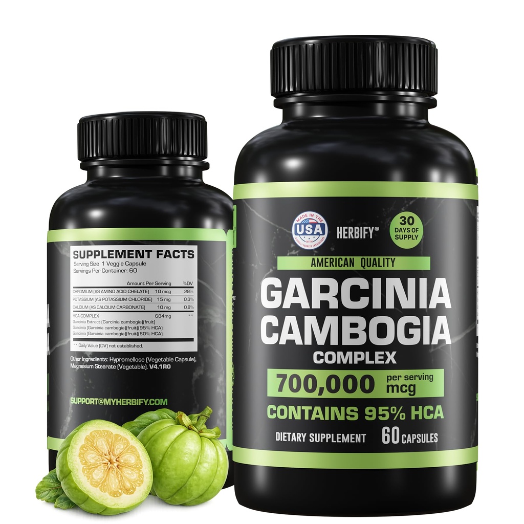 HERBIFY Garcinia Cambogia Wellness Support Supplément pour les femmes et les hommes - Extrait à base de plantes avec propriétés antioxydantes - Energy Booster for Daily Vitalité and Digestive Support - 60 Comte