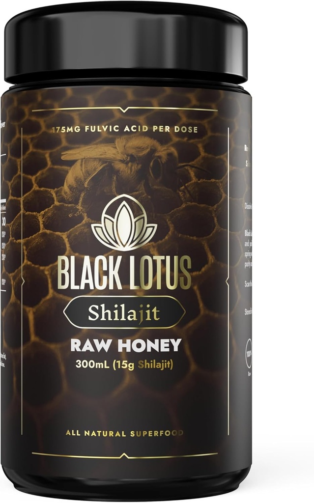 Black Lotus Pure Shilajit Résine de miel brut Teinture liquide, 300ml, 100% pur Shilajit naturel pour les hommes et les femmes, Acides aminés, 175mg Acide fulvic, 85 minéraux de traces ioniques, Pour le soutien immunitaire, Focus, énergie