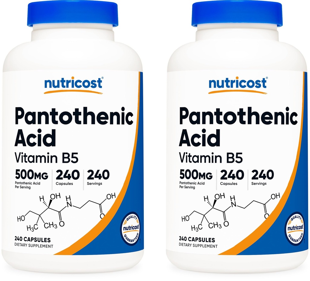 Acide pantothénique Nutricost (vitamine B5) 500mg, 240 Capsules (2 bouteilles)