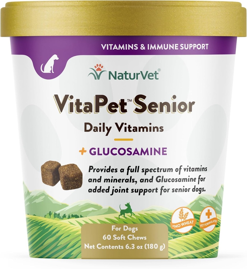NaturVet VitaPet Vitamines quotidiennes supérieures et glucosamine pour chiens, 60 ct Chews doux, fabriqués aux États-Unis avec des ingrédients de source mondiale