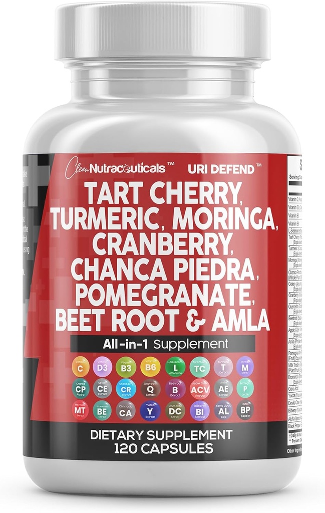 Nettoyer les nutraceutiques Tart Capsules d'extrait de cerise avec le curcuma Moringa Chanca Piedra Celery Quercetin vinaigre de cidre Sélénométhionine de grenade L - Niveaux uriques - 120 Ct