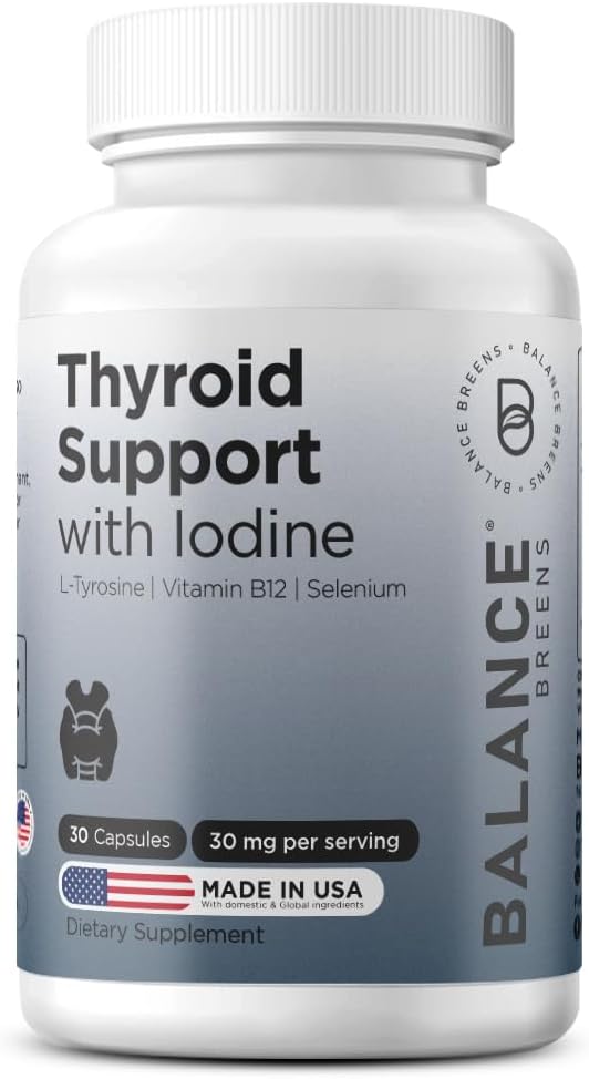 Supplément de soutien à la thyroïde Balancebreens avec Iodine, L-Tyrosine, Vitamine B12 et Sélénium, 30 Capsules de Vég. - Soutien énergie, métabolisme et focus