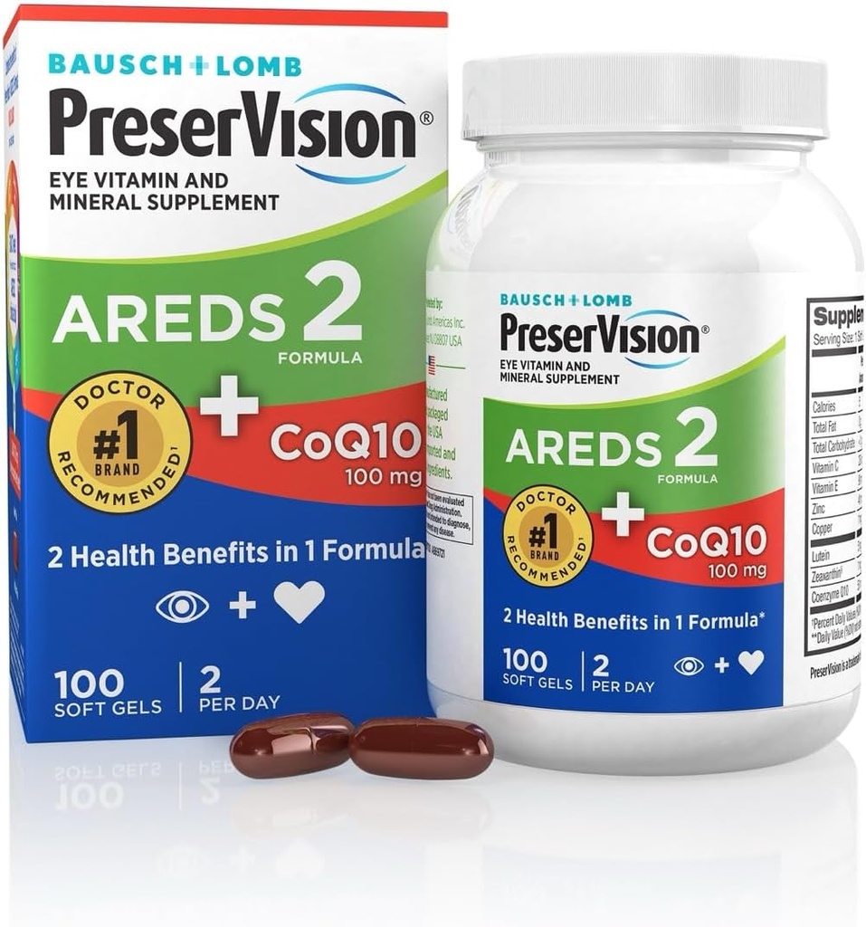 PreserVision AREDS 2 Vitamines oculaires avec CoQ10 pour la santé cardiaque, #1 Eye Doctor Marque recommandée, Lutéine et supplément de Zeaxanthin avec vitamine C & E, zinc et cuivre, 100 Softgels