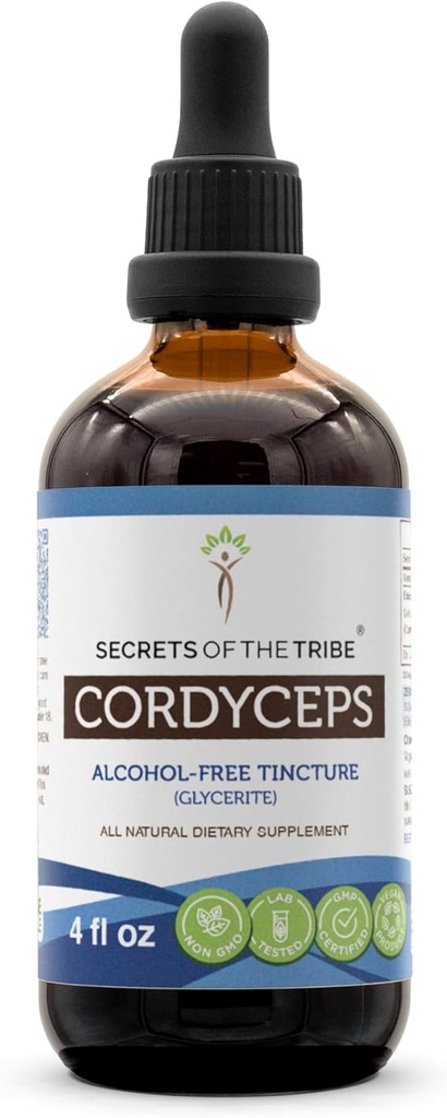 Secrets du Tribe Cordyceps Extrait liquide sans alcool, Cordyceps Sinensis Supplément de teinture de champignons séchés (4 FL OZ)