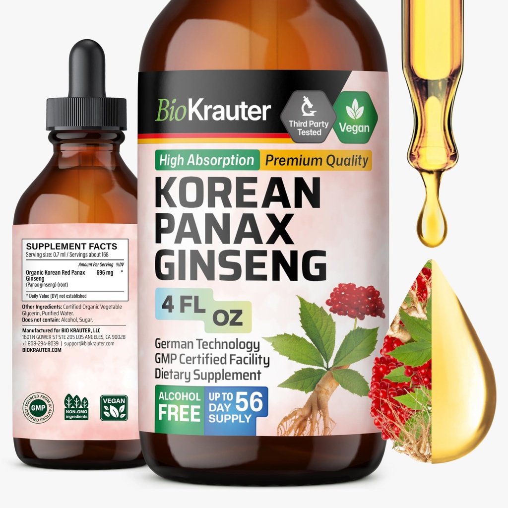 BIO KRAUTER Extrait de ginseng rouge coréen liquide - Sans alcool et sans sucre Supplément de ginseng Panax - Supplément de soutien immunitaire végétalien - 4 Fl. Oz.