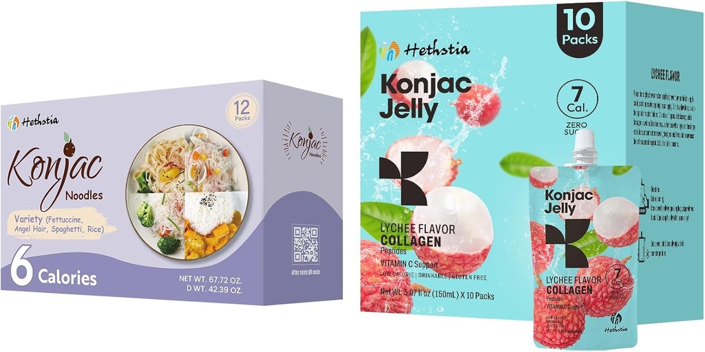 Hethstia Konjac Jelly Lychee Flavor avec collagène Peptides 10 Packs et nouilles Konjac Variété Sans gluten 12 Packs Basse calories, Keto, Sans sucre, Aliments sains