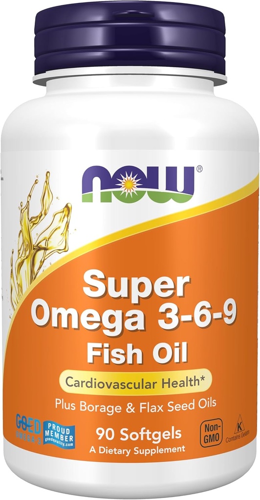 MAINTENANT Suppléments, Super Omega 3-6-9 1200 mg avec un mélange d'huiles de poisson, de borage et de lin, 90 Softgels