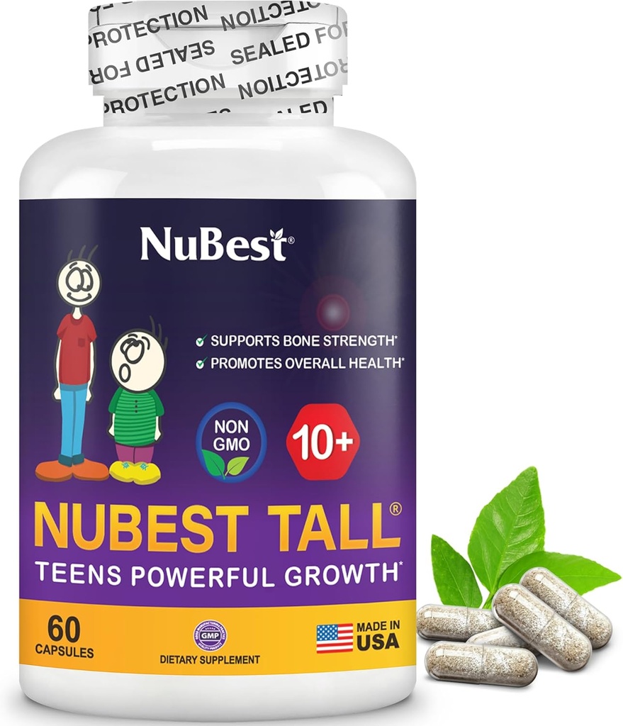 NuBest Tall 10+ Premium Bone Strength Formula, amélioration de l'immunité et de la santé globale pour l'âge 10+ avec du calcium, vitamine D3, vitamine K2, et multivitamines 60 Capsules