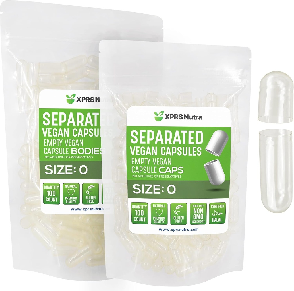 XPRS Nutra Vegan Taille 0 Capsules séparées - 100 Compter Effacer Capsules vides Premium Séparées dans des sacs - Pills pour le remplissage de supplément de bricolage