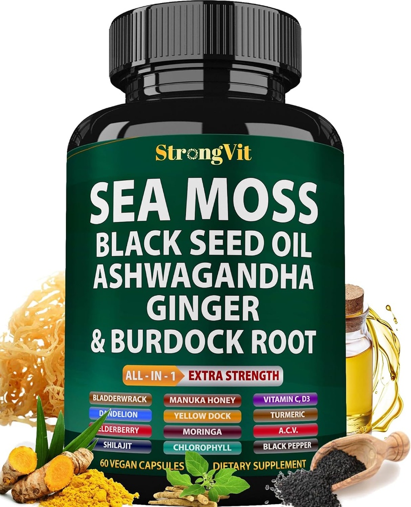 Sea Moss Black Seed Oil Ashwagandha Ginger, Organic Sea Moss Capsules with Burdock Root, Irish Seamoss Pills with Bladderwrack, Advanced Multimineral Supplement, USA
