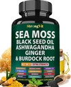 Sea Moss Black Seed Oil Ashwagandha Ginger, Capsules de mousse de mer biologique avec racine de burdock, Pilules irlandaises Seamoss avec Bladderwrack, Supplément multiminéral avancé, USA