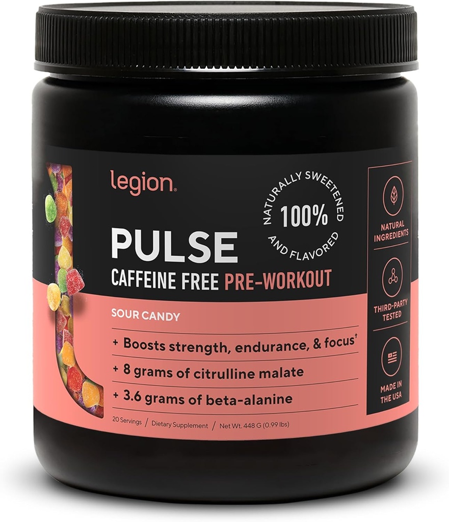 LÉGION Pulse Pre Workout Supplément - Toutes les boissons naturelles de pré-entraînement à l'oxyde nitrique pour booster l'énergie, sans créatine, naturellement sucré, Beta Alanine, Citrulline, Alpha GPC (Caffeine Free Sour Candy)