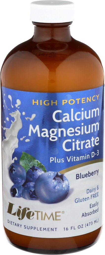 LIFETIME Soutien osseux, Citrate de calcium, Citrate de magnésium et vitamine D-3, Relaxation, Formule de soutien osseux et musculaire, Absorption facile, Saveur de bleuets, environ 32 portions, 16 FL OZ