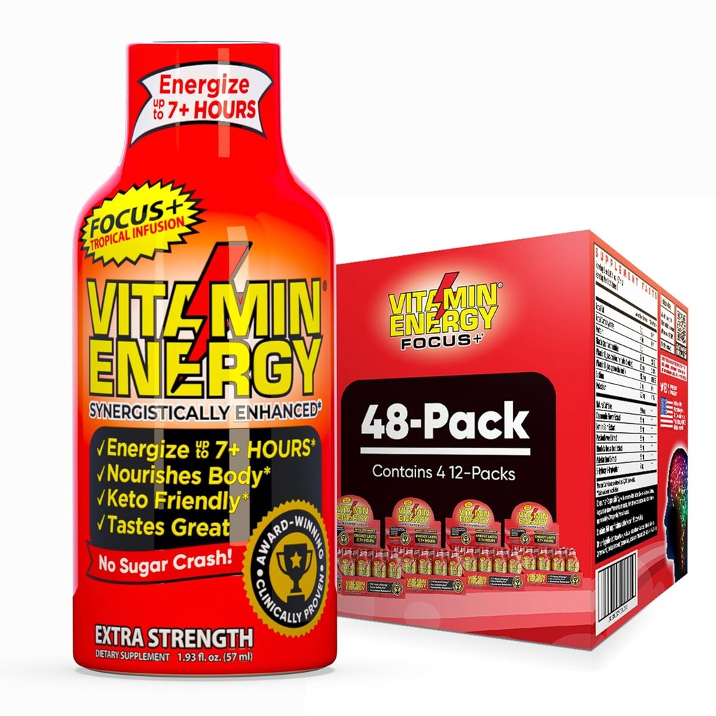 Vitamine Energy Focus+ Extra Strength Energy Shot Tropical Infusion 48 Pack, 260mg Caféine naturelle, B-Vitamines, CoQ10, Acides aminés, Focus, Productivité et Clarté, Zéro Sucre, Sans gluten, 1.93 fl oz