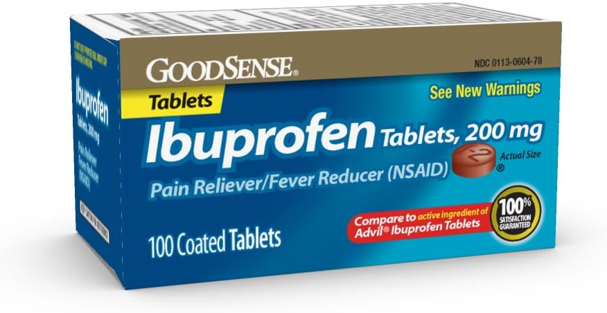 GoodSense 200 mg comprimés d'Ibuprofène, réducteur de fièvre et soulagement de la douleur des douleurs corporelles, maux de tête, arthrite Douleur et plus, 100 Compte
