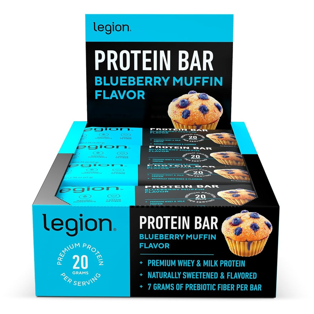 Legion Protein Bar Blueberry Muffin - 100% Whey Protein, Barres de protéines sans soja avec fibre prébiotique - Barre de protéines saines à faible teneur en gras - Barres de protéines saines sans gluten, naturellement aromatisées, à faible teneur en sucre (12 Nombre)