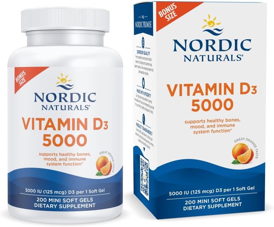 Nordic Naturals Vitamine D3 5000, Orange - 200 Mini Gels Soft - Soutien pour les os sains, l'humeur et le système immunitaire - Végétarien - Non-OGM - 200 portions
