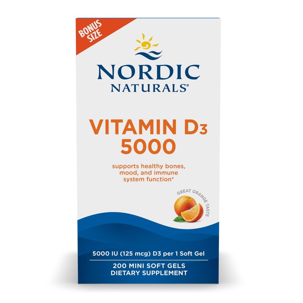 Nordic Naturals Vitamine D3 5000, Orange - 200 Mini Gels Soft - Soutien pour les os sains, l'humeur et le système immunitaire - Végétarien - Non-OGM - 200 portions