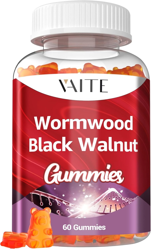 Gummies de wormwood en noyer noir - Supplément à base de plantes avec Artemisia Annua Herb & Juglans nigra Hull pour le bien-être digestif et le nettoyage du corps naturel, Suppléments sans OGM et sans gluten - 60 Gummy Chewables
