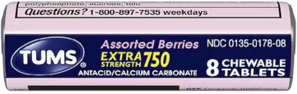 Tums Extra Strength 750 Antiacide avec supplément de calcium Berries assorties riches en calcium Aromatisées - 24 rouleaux de poche de 8 comprimés à croquer Chaque rouleau (192 comprimés à croquer Total)