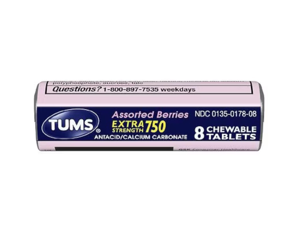 Tums Extra Strength 750 Antiacide avec supplément de calcium Berries assorties riches en calcium Aromatisées - 24 rouleaux de poche de 8 comprimés à croquer Chaque rouleau (192 comprimés à croquer Total)