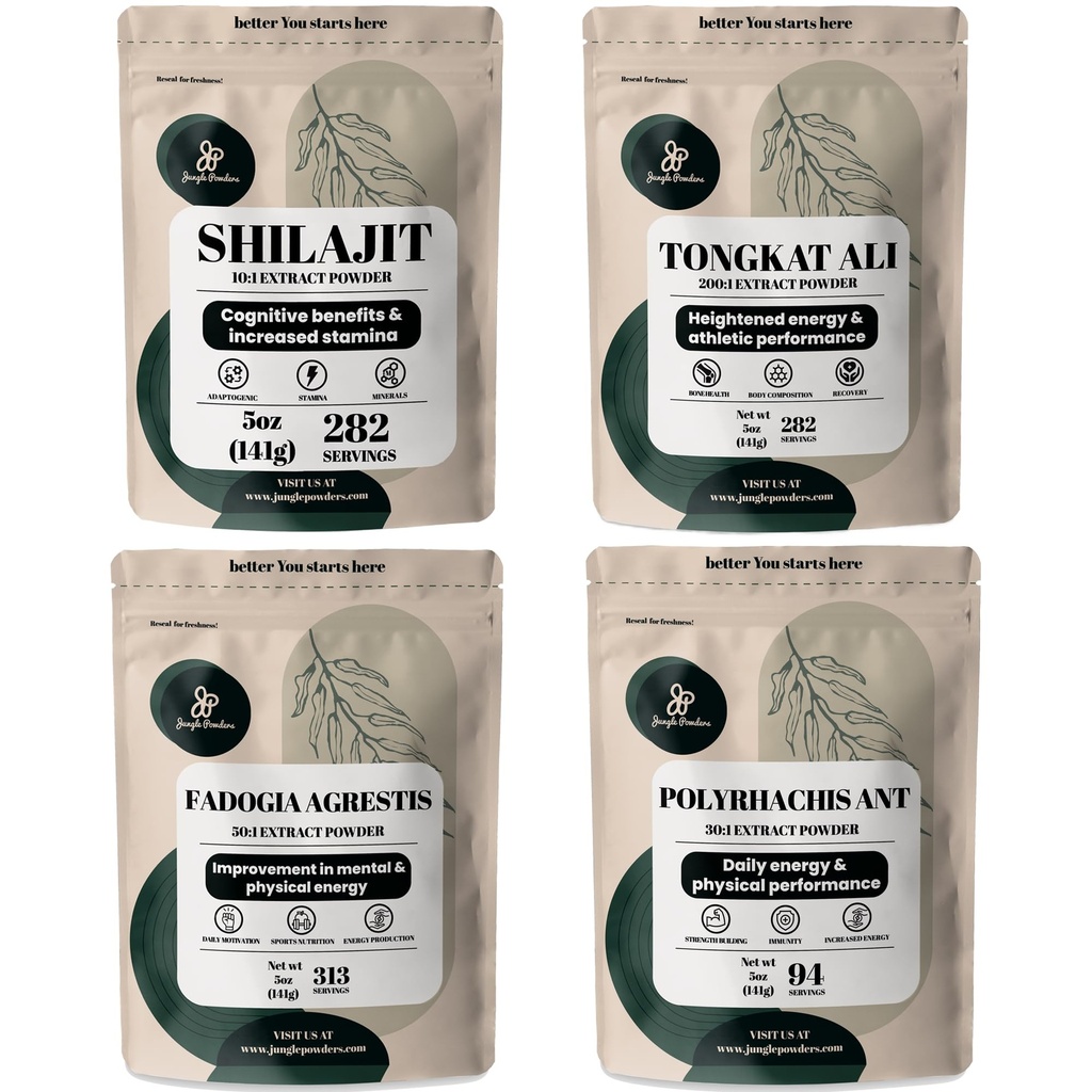 Poudres de jungle Poudres à base de plantes - Poudre de Shilajit, Poudre de Tongkat Ali pour hommes, Poudre d'extrait de fourmi noire, Supplément de Fadogia Agresti pour hommes