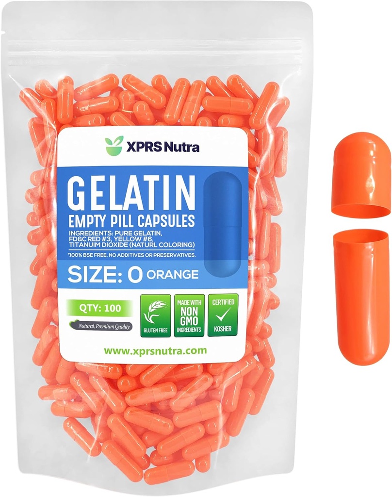 XPRS Nutra Taille 0 Capsules vides - 100 Compte Capsules de gélatine vides - Pills pour le remplissage de la gélule de bricolage - Pure Pill Gel Caps pour Do-It-Youlf Suppléments (Orange)