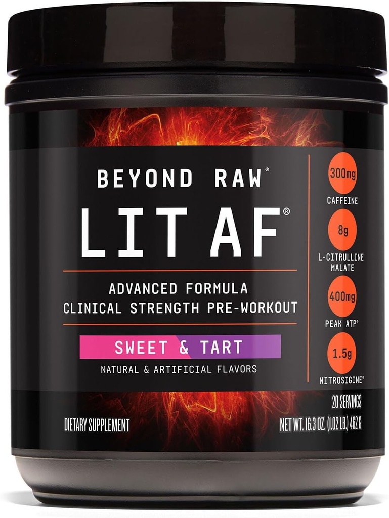 BEYOND RAW LIT Advanced Pre Workout Formula, Sweet and Tart, for Energy, Focus, Endurance, Pumps, avec 300mg de caféine à libération rapide et ciblée, Créatine, Beta Alanine, Taurine, 20 portions