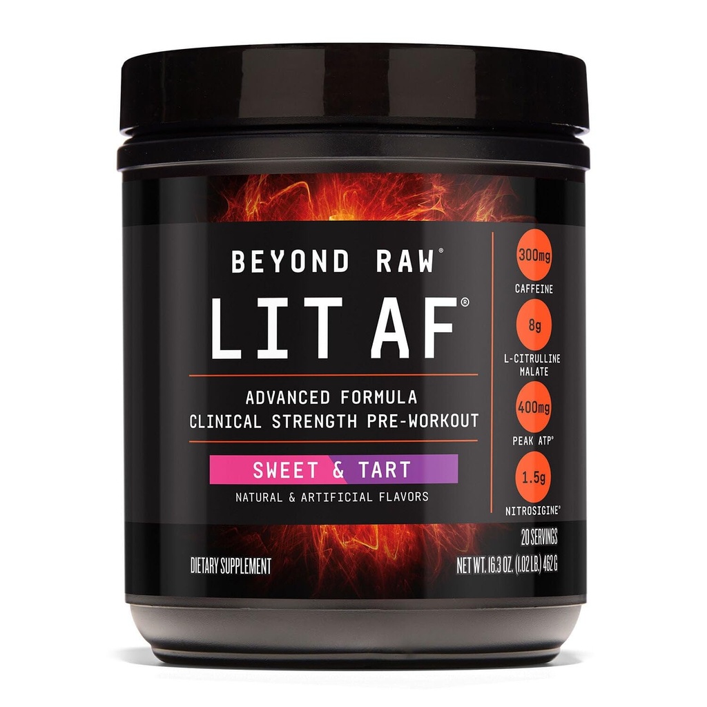 BEYOND RAW LIT Advanced Pre Workout Formula, Sweet and Tart, for Energy, Focus, Endurance, Pumps, avec 300mg de caféine à libération rapide et ciblée, Créatine, Beta Alanine, Taurine, 20 portions