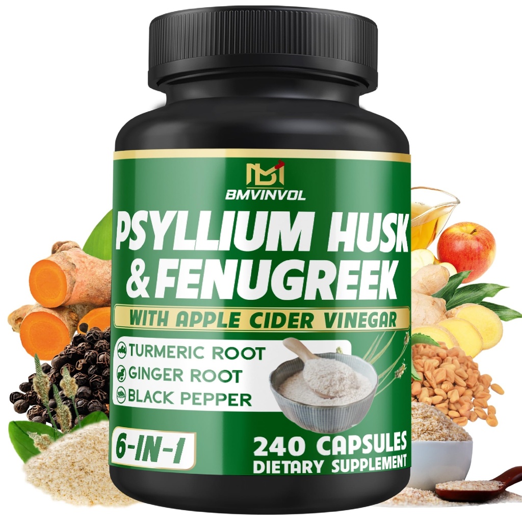 BMVINVOL Psyllium Housse Fibre Supplément avec Fenugreek, vinaigre de cidre de pomme, curcuma, gingembre, poivre noir- Digestion soutien de santé - 240 capsules