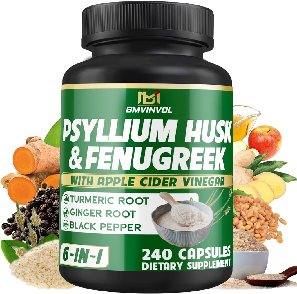 BMVINVOL Psyllium Housse Fibre Supplément avec Fenugreek, vinaigre de cidre de pomme, curcuma, gingembre, poivre noir- Digestion soutien de santé - 240 capsules